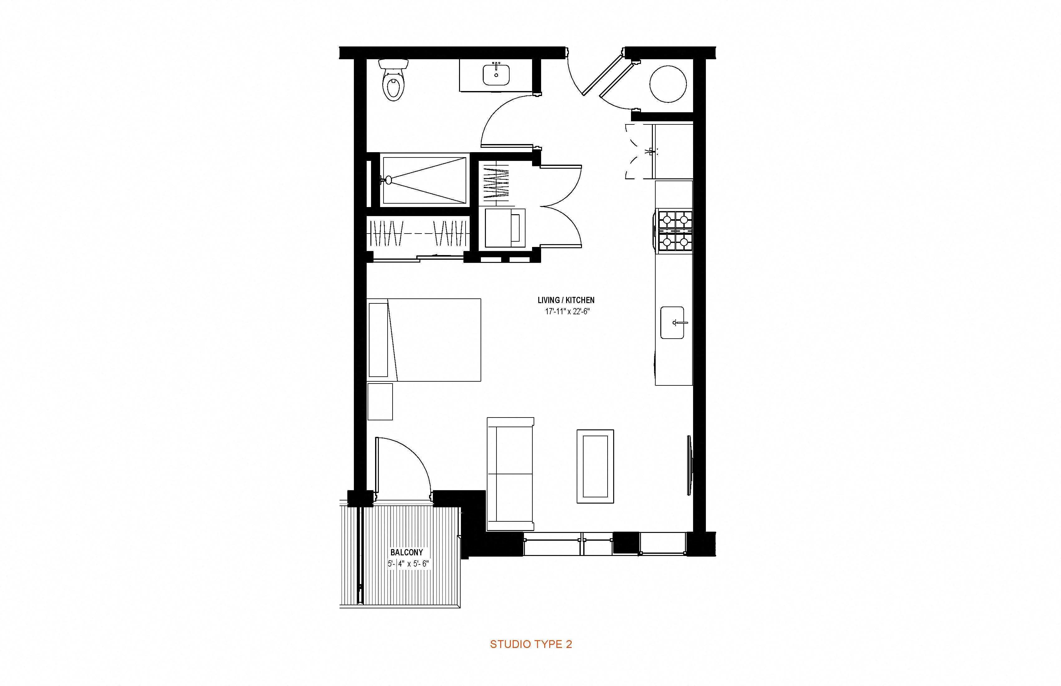 Floor plan for studio, 1 bath, 499 sqft